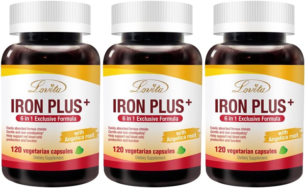 Lovita Iron 18 mg, 6 em 1 Suplemento de Ferro para Mulheres, com vitamina C, Dong Quai & B12, Vitamina Vegan para apoiar a produção de células sanguíneas vermelhas sem constipação, 120 cápsulas (Pacote de 3)