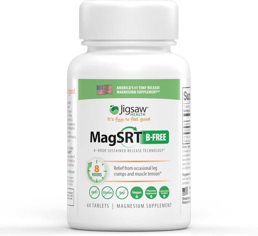 Jigsaw Health MagSRT (B-Free) , Premium, Organic, slow Release Magnesium supplement , Active, Bioavailable Magnesium Malate Tablets | 60 Tablets | 15 Servings