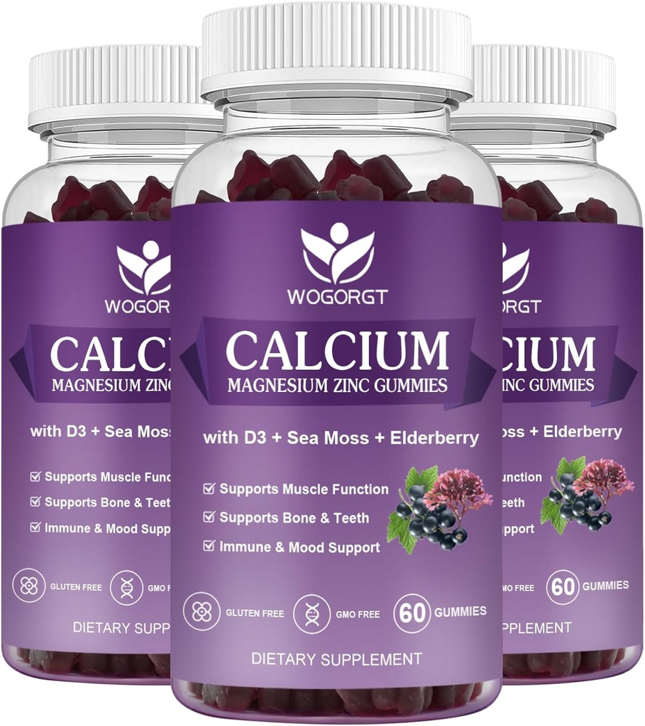 Calcium Magnésium Zinc Gommies avec Vitamine D3 - Supplément complexe d'absorption élevée Calcium avec mousse de mer, Elderberry pour os, Muscles, Immune, Mood & Sleep Support, Vegan - 60 Gommies (3 Pack)