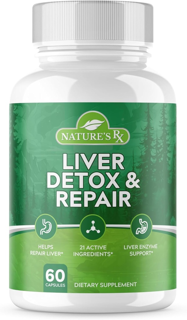 Nature's RX || #1 RATED Premium Liver Cleanse & Detox || Optimizar a función de fígado, Reparación Liver Enzymes | Ultra Dosed Formula w / 21 Powerful Ingredients | 3rd Party Tested + USA Made - 60 cápsulas