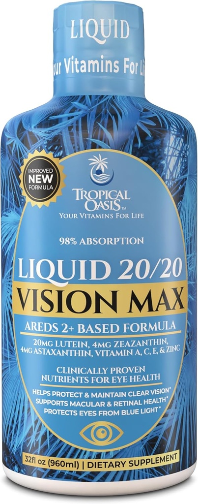 Liquid 20/20 Vision - Eye Vitamin Formula w/20mg Lutein, 4mg Zeaxanthin, 4mg Astaxanthin Vision Support -Max Absorption- Great Taste & No Pills to Swallow-32 Serv, 32oz