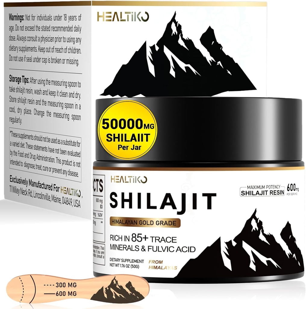 Shilajit Resin, Himalayan Shilajit Organic - 600mg Potency Gold Grade, Shilajit para homes e mulleres con 85 + mineral traza e ácido fúvico, para enerxía, inmunidade e forza, 83 Servindo (50g)