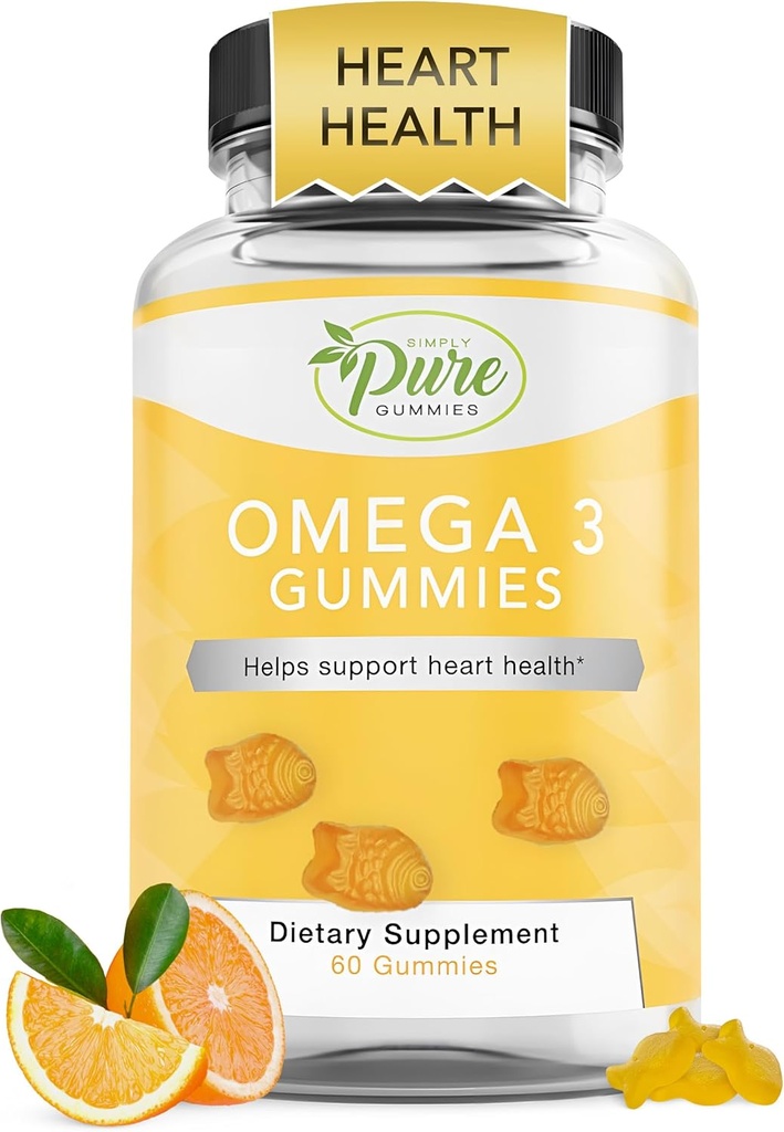 Puro por naturaleza Omega 3 Gummies para adultos &amp; niños, Omega 3 suplementos de ácido graso con Omega 3 6 9 para soporte circulatorio, sin aceite de pescado naranja sabor omega, 60 días fuente (60 cuenta)