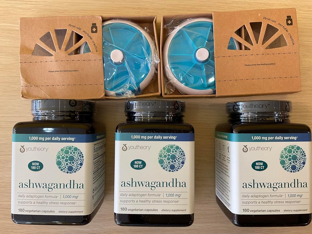 Youtheory Ashwagandha 1000mg cu KSM-66 - Ajuta la sustinerea unui raspuns la stres sanatos,180 capsule (Pachet de 3) si 2 pastile Orgnizer