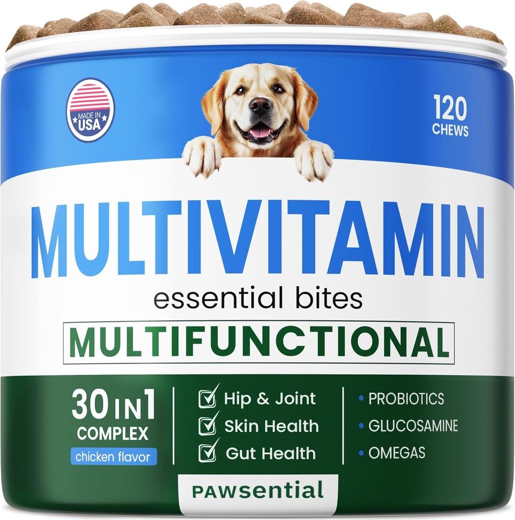 Hond Vitaminen en Supplementen Kauwbaar - Glucosamine Omega Probiotica - Hondenvitaminen voor de huid en jas, hiep & Joint & Gut Health - Volwassene & Senior, Klein & Groot Ras - 120 Ct Rundvlees