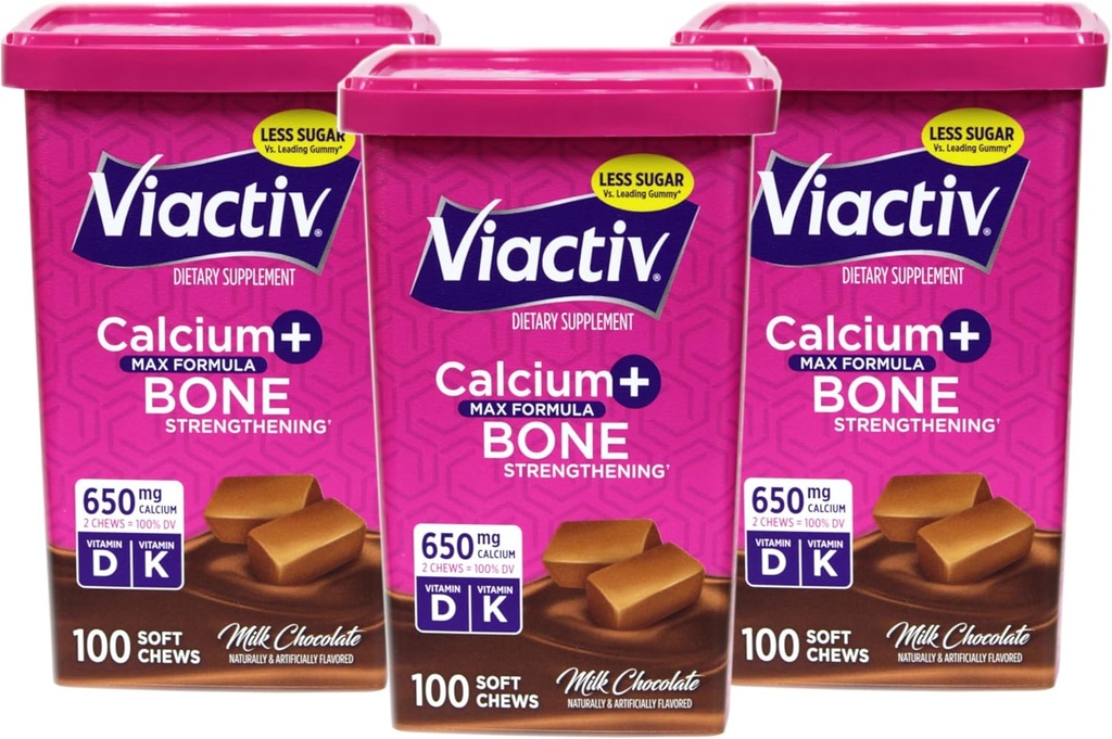 Viactiv Max Formula Calcium +Vitamin D3 Supplement for Bone Health Milk Chocolate, 100 Soft Chews - 3 Pack
