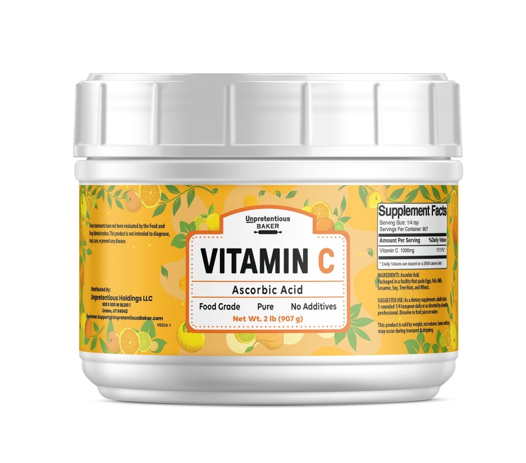 Unpretentious Vitamin C Powder (2 lb) Ascorbic Acid, Resealable Tub