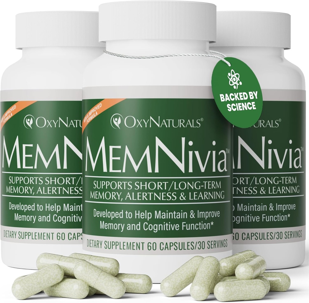 MemNivia Brain Supplements for Memory &amp; Focus | Dual-Sage Stem Cell Formula with Cognivia®, Bacopa, Holy Basil &amp; Ginger | Clinically Proven Mental Clarity Support | 180 Capsules (3 Bottles) | USA Made