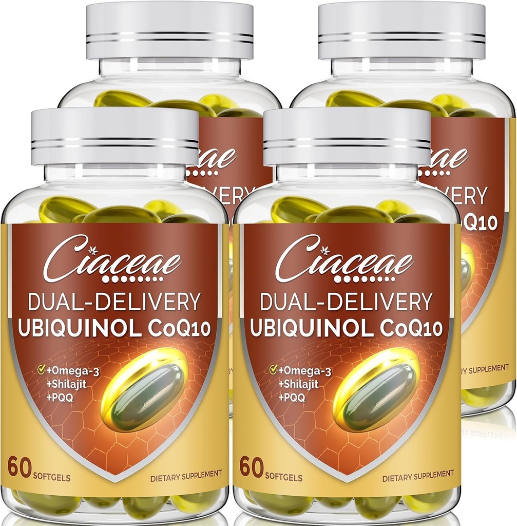 Ubiquinol CoQ10 600 MG Softgels 와 Omega-3 & Shilajit & PQQ, 고급 이중 배달 Coenzyme-Q10, Active CoQ10 Ubiquinol 보충, 산화 방지제, 심장, 두뇌 및 에너지, 240 서빙