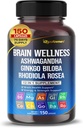 Brainness Ginkgo Biloba Rhodiola Cordycops Chamomile Ashwaganda Gou Kola Bacopa Holy Basil Pepper - 150 Capsules- made in USA