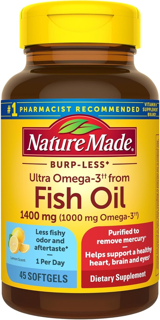 Nature Made Extra Strength 3 Fish Oil Supplements, 1400mg, Fish Oil Omega 3 Sağlamlıq üçün Ethyl Esters, Brain, Gözlər, Mood Support, 45 Softgels, 45 Day Supply