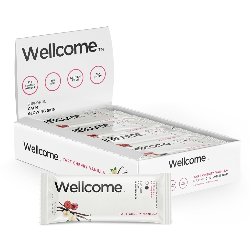 Wellcome Tart Cherry Vanilla Marine Collagen Protein Bar with Ashwagandha and L-Theanine - Adaptogenic Snack Bar - Dairy Free Health Bar for Functional Active Lifestyle (Pack of 12)