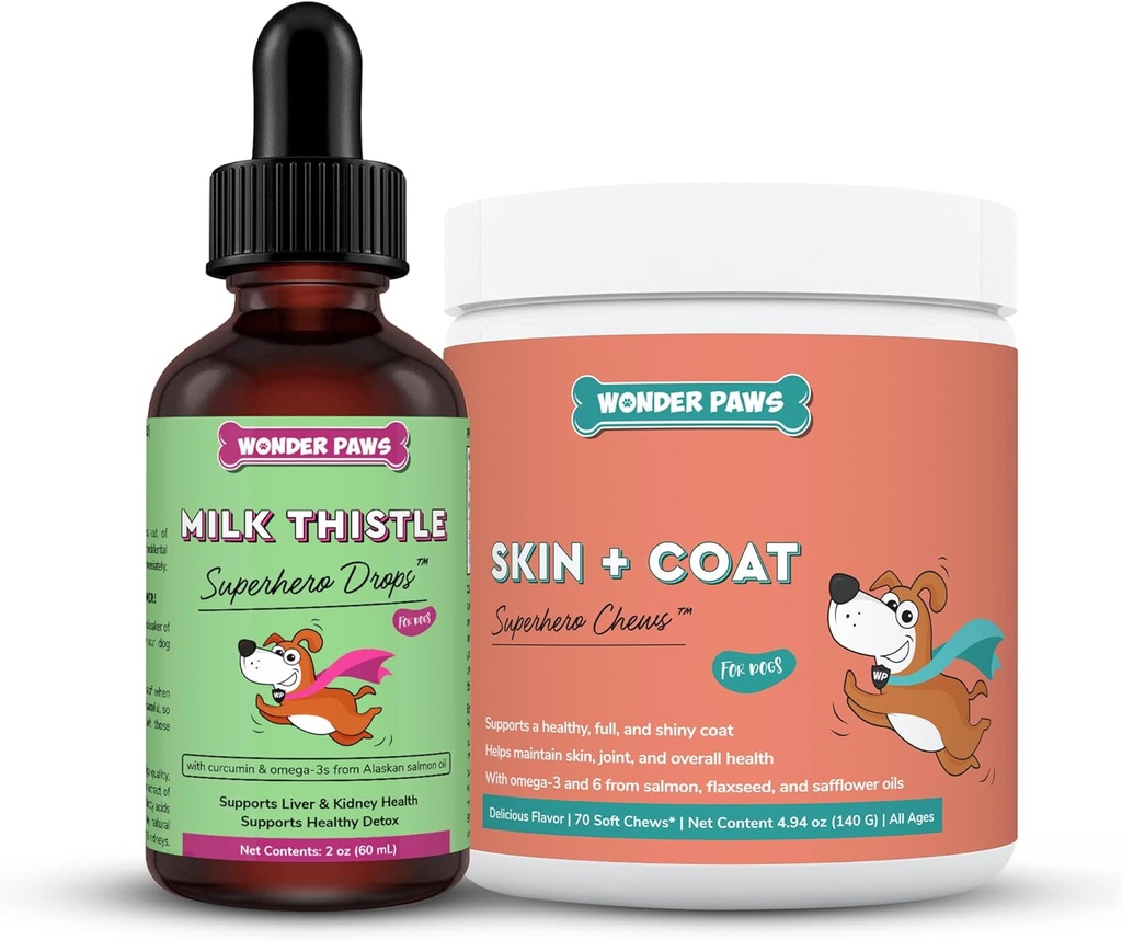 WONDER PAWS Melk Thistle Drops Plus Skin + Coat Mykt Chews - for hunder Liver og nyre støtte, Detox & hud og Coat Helse - Melk Thistle 2 Ounces - Hud + Coat 70 Chews