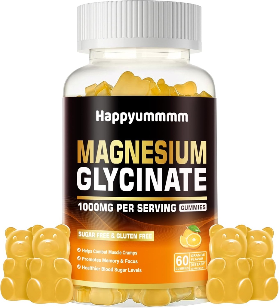 Magnesio Glycinate Gummies 1000mg - Zucchero Gratuito Magnesio Potassium Supplemento con Vitamina D, B6, CoQ10 per Calma Mood & Sleep Support - 60 Gummies Arancione