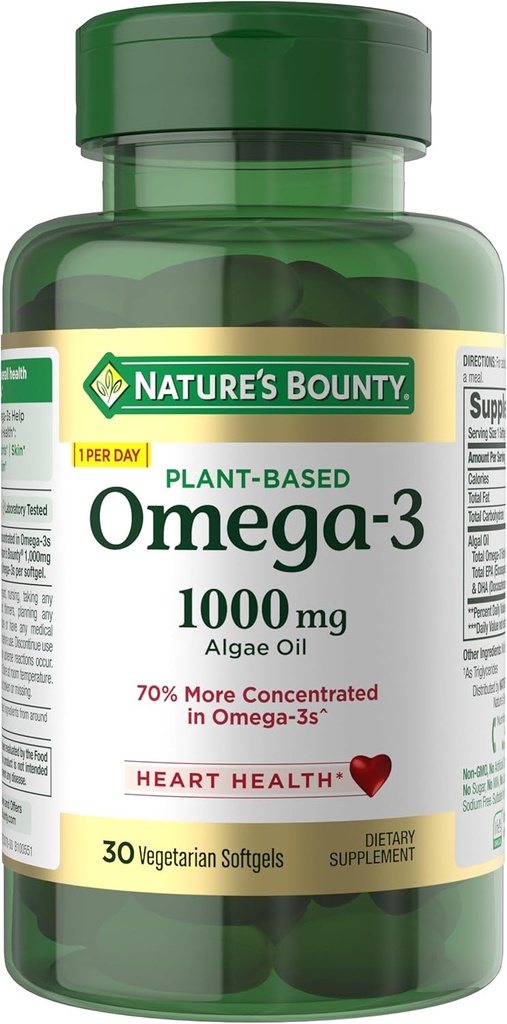 Nature's Bounty Omega 3, supplément d'acide gras Omega 3, 520mg, soutient la santé du corps entier y compris le cœur, la peau, les articulations, 30 softgels végétariens, huile de poisson alternative