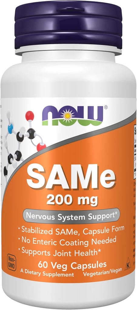NOW Foods Supplements, SAME (S-Adenosil-L-Metionina)200 mg, Suporte do Sistema Nervoso*, 60 Cápsulas Veg