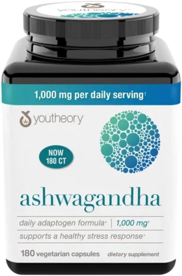 Youtheory Ashwagandha 1000mg with KSM-66 - 도움은 건강한 긴장 응답, 180의 캡슐 (팩의 1)를 지원합니다