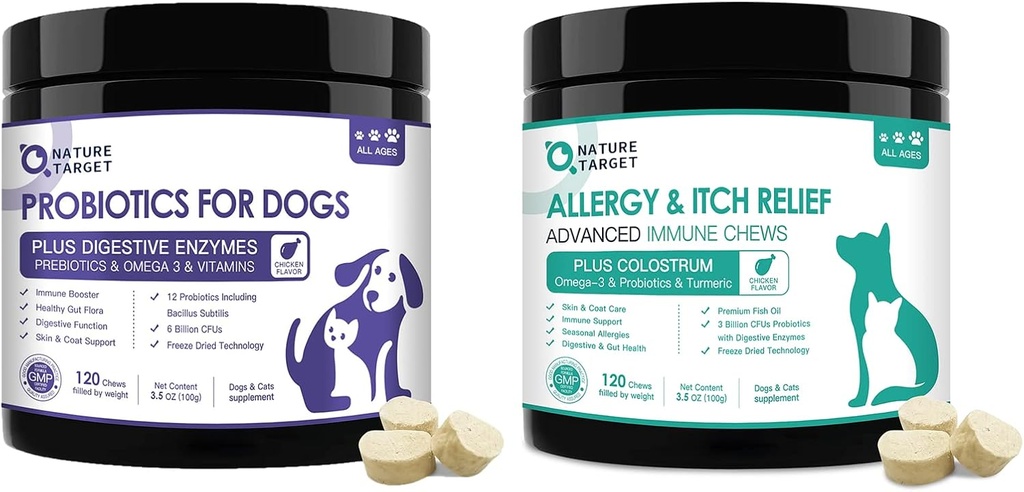 NATURE TARGET Probiotics for Dogs, з пребіотики та травлення ферментів, вітаміни & Омега 3 для алергії Itch Relief, зменшити діарея, газ, Зупинити затискання, Hot Spots, Shedding