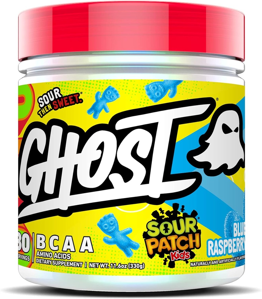 GHOST BCAA Powder Amino Acides Supplement, Sour Patch Kids Blue Malina - 30 Servings - Bezcukru Intra, Post & Pre Workout Amino Powder & Recovery Drink, 7G BCAA