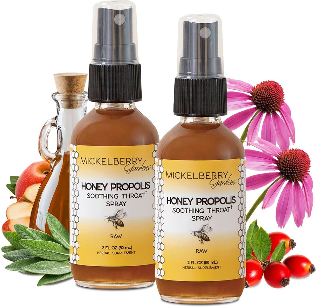 Micelberry Zahrady Med Propolis Krční sprej - Umývání Sore Krční pomoc & Propolis Imunitní podpora pro dospělé a děti - Bylinné & Honey Formule (2 oz, 2 Pack)