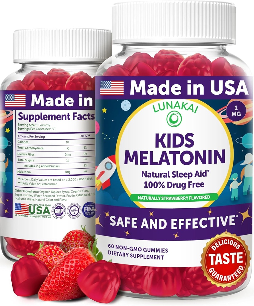 Lunakai USA Made Kids Melatonin Gummies 1mg - Ajuda para dormir seguro e natural para crianças 2+ - Não-GMO, Vegan, Sem glúten - 60 Contagem