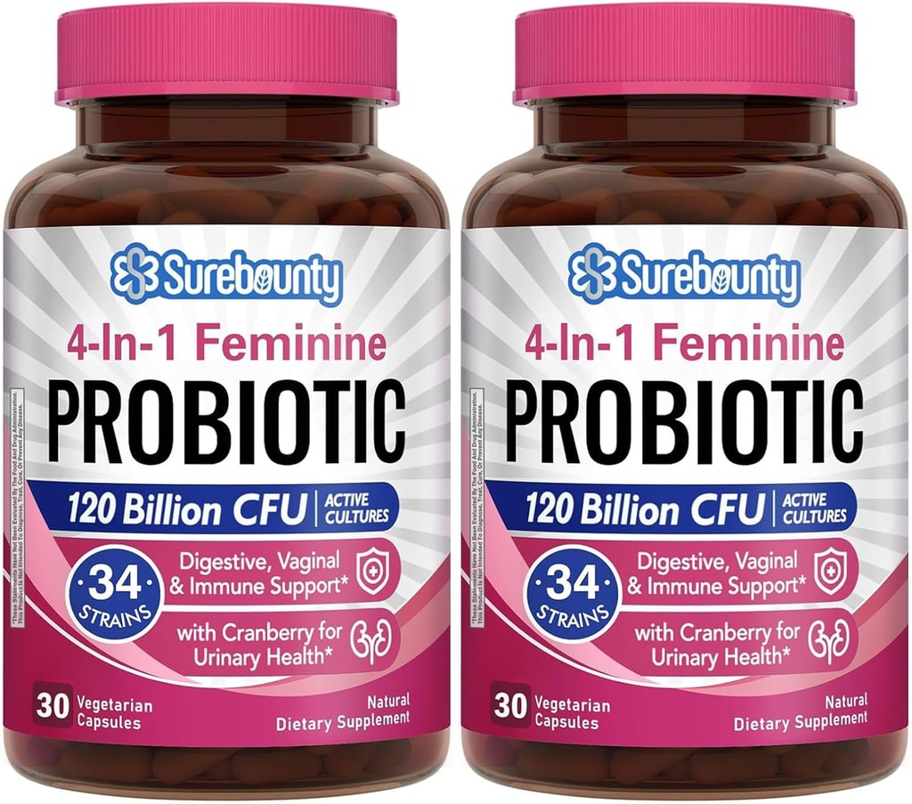 Qadınlar, 120 milyar CFU 34 Strains, Prebiyotiks, Digestive Enzymes, Cranberry, 4-in-1 Feminine Probiyotik, Digestive, Vaginal, İmmune Support, 60ct (Böyük Britaniya)