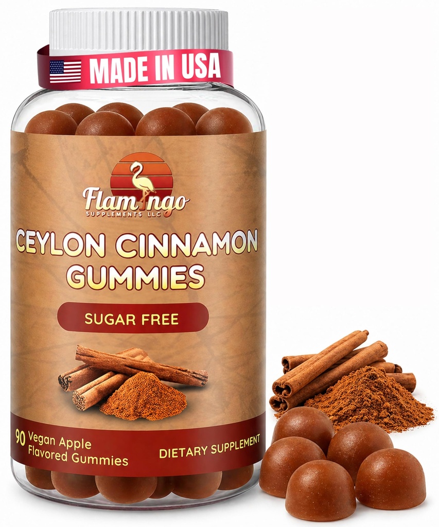 Flamingo Supplements Sugar Free Ceylon Cinnamon Gummies Sugar Regulation, Neuroprotective- Supplement with Chromium and Cinnamon Bark- Alternative to Cinnamon Capsules - 90 Chews