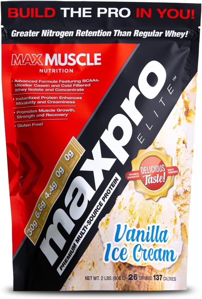 Max Muscle Maxpro Elite Whey Protein Powder | 30g Protein | 0g Sugar | 6.6g BCAAs | Micellar Casein filtrato a freddo Whey Isolate Protein | promuove la crescita e il recupero del muscolo (Vanilla Ice Cream 2lb)