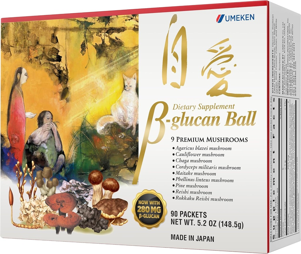 Umeken Beta Glucan, Immune Boost, Mushroom Extract, Dietary Supplement, Blend of 9 Premium Mushroom Extract Packets, Easy to Take Beta Glucan Supplements, 3 Month Supply, 90 Count Box, Pack of 1