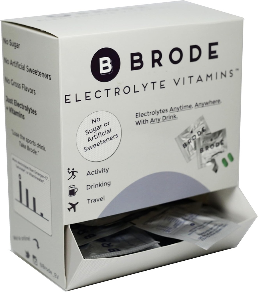 Brode Electrolyte Vitamin - Portable Zero- Sugar Electrolyte Tablets - for Sports, Nightlife, Jet Lag, 5 Essential Electrolytes + 9 Vitamins 100- Packets