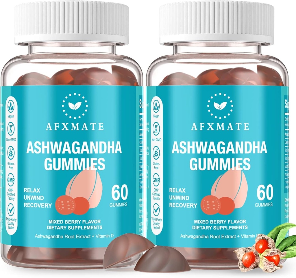 לאחר XMATE Ashwagandha Gummies & ויטמין D חניכיים לגברים ונשים 120 הרוזן Aswangdha תוסף (Non-GMO, Sugar Free & Gluten Free)
