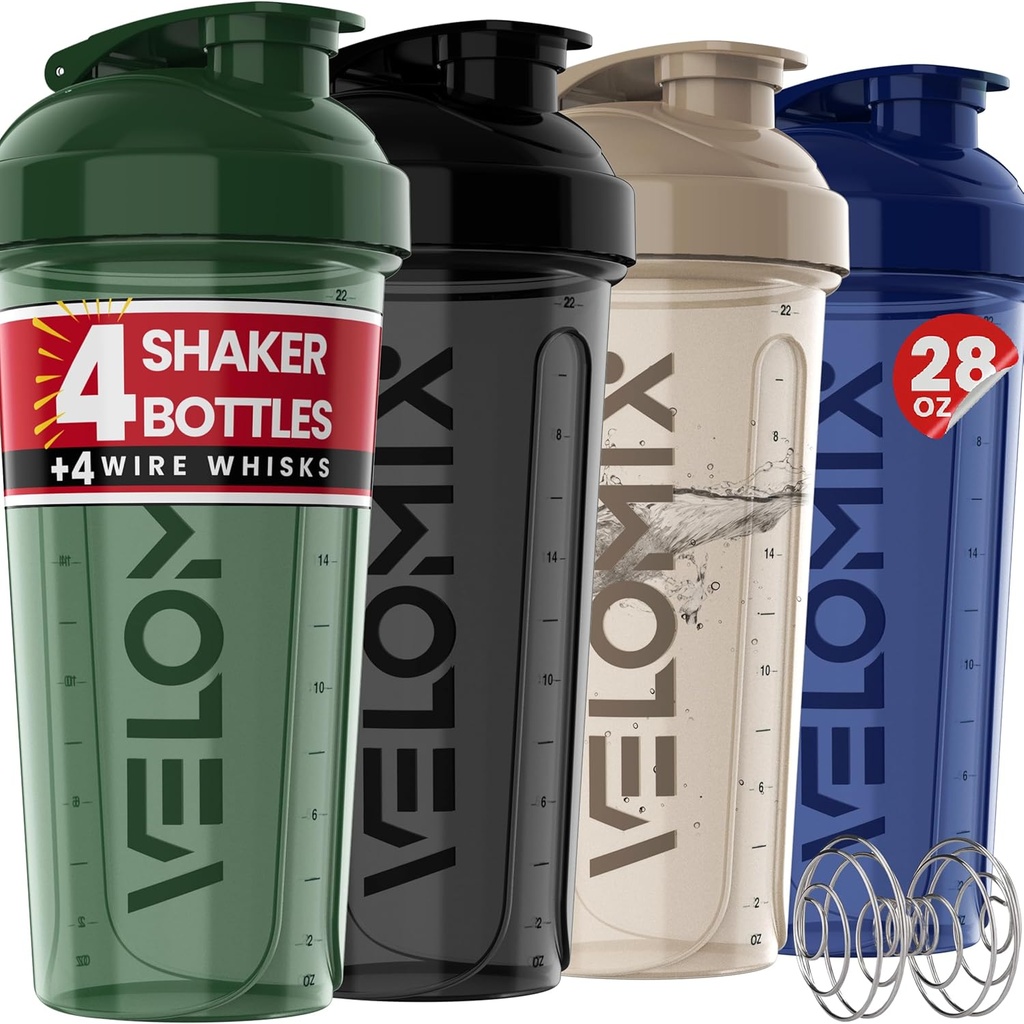 VELOMIX -4 balení - 28 oz Shaker Cups for Protein Shakes - 4x Wire Whisk Found 124; Leak Proof Protein Shaker Bottles for Protein Mixs 124; Protein Shaker Bottle Pack 124; Mixer for Protein Shakes (Forest Edge)