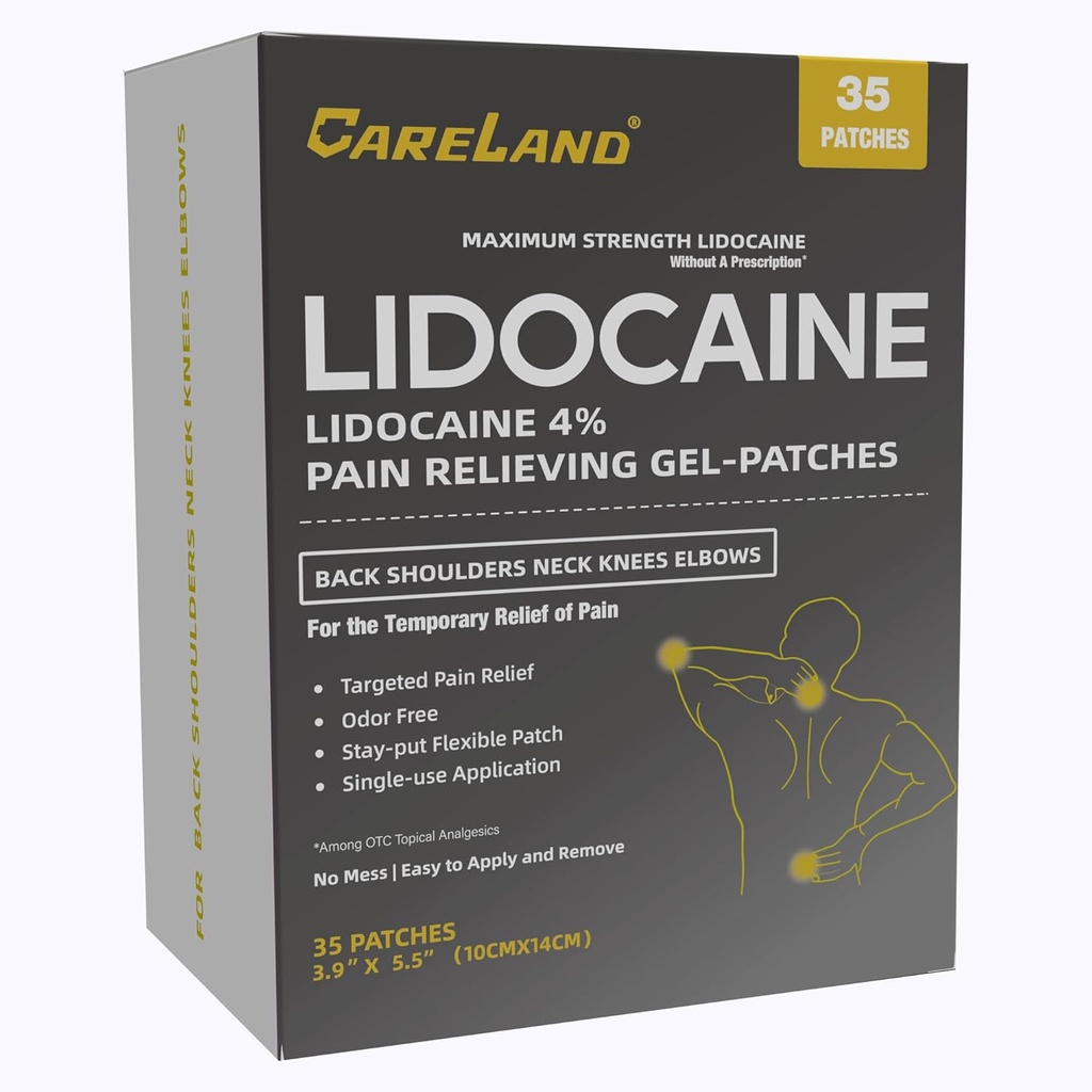CARELAND 4% Lidocaine Gel Patch, 35 Count Maximum Power Pain Patches for Muscle Relief in Neck Knee Back and Shoulders Unscented Nutings Patch for Soothing Nerves, Joints