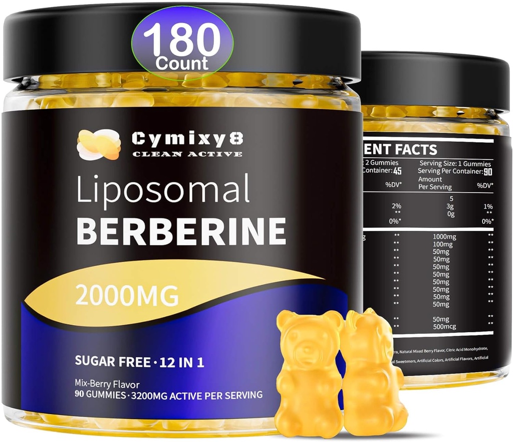 12 dalam 1 Berberine HCL Gummies- Tinggi Bioreavability Lipoomal Berberine Gummies dengan Perempuan dan Pria, Berberberine dengan Cinnamon & Vegan Suplemen AMPK Aktivator (180 Count)