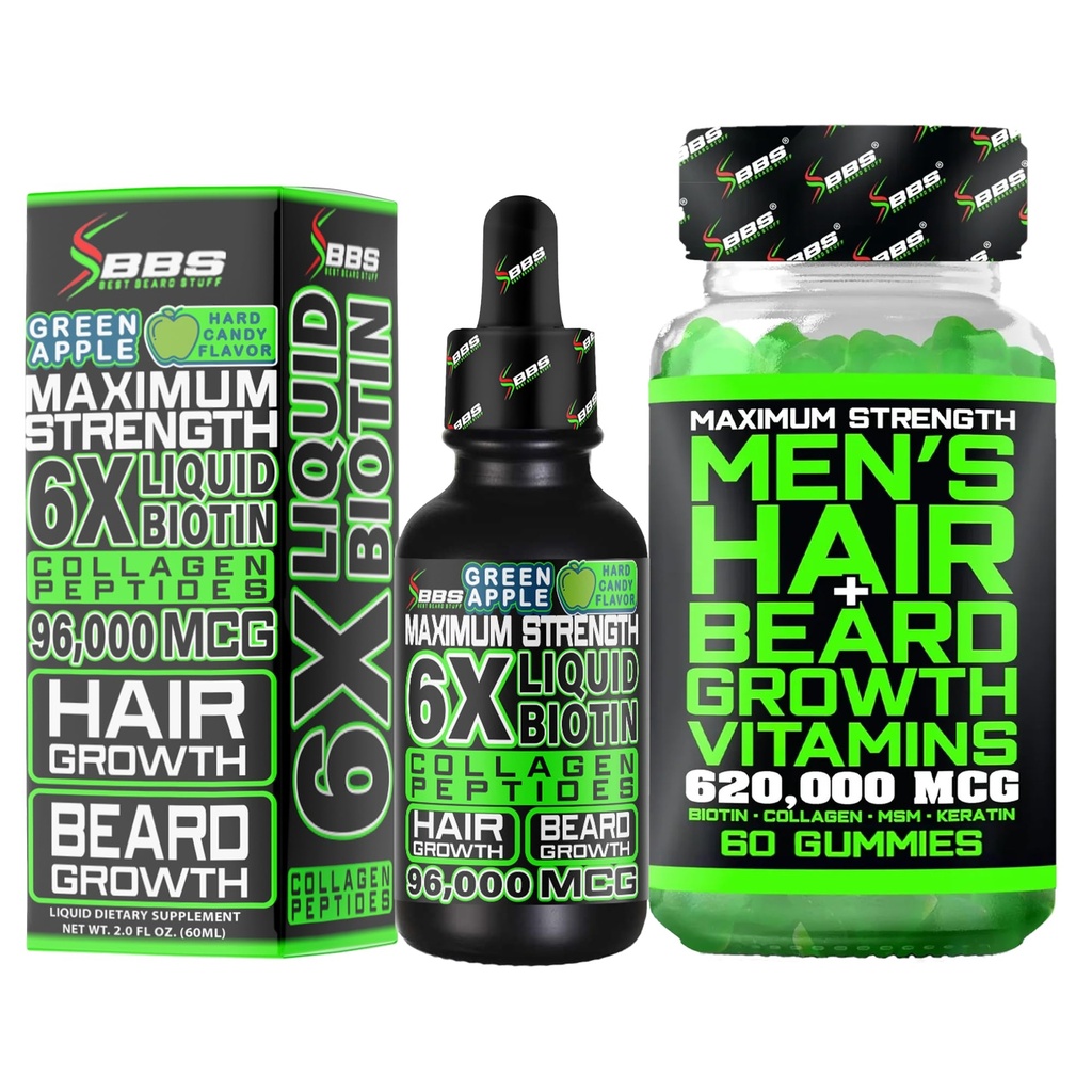 Beard Growth Kit w/ 6X Liquid BIOTIN Supplement with Collagen Peptides + 620,000mcg 14-in-1 BIOTIN Gummies/Beard Growth Vitamins & Hair Growth Vitamins for Men - Formulated in America