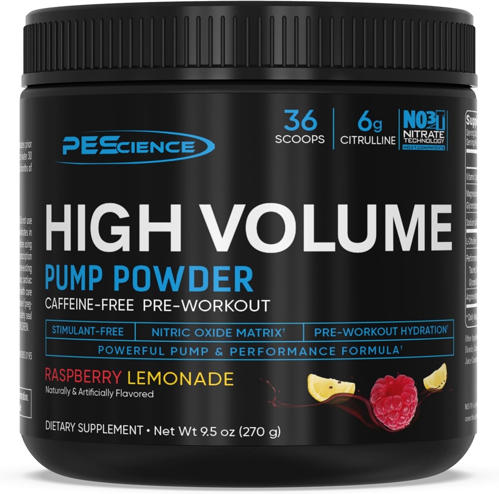PEScience High Volume Stim-Free Pre Workout, Nitric Oxide Booster with L Citruline & L Arginine Nitrate, Non-Stim Preworkout for Men and Women, 36 Scoops, Raspberry Lemonade