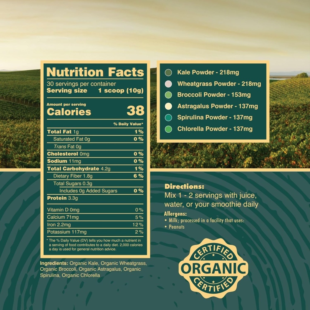 Organik Yeşiller Superfood Toz, ABD Büyü - Kale, Alfalfa Grass, Buğdaygras, Barley Grass, Astragalus, Spirulina, Oat Grass & Chlorella, USA Grown (10.6 oz, 1 ay Supply)
