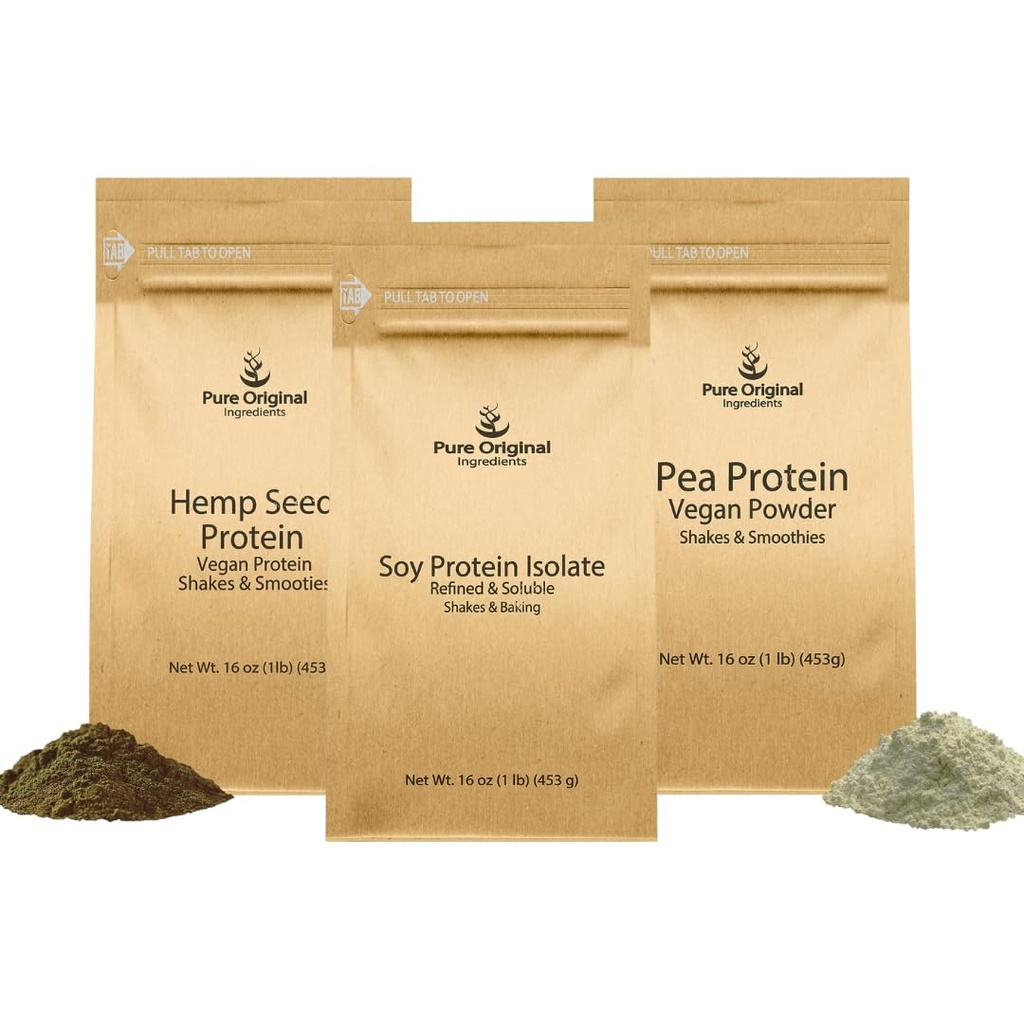 PURE ORIGINAL INGREDIENTS Pea Protein Powder, Soy Protein Powder, and Hemp Seed Protein Powder Bundle, 1 lb Each, Soothies & Shakes, Vegan