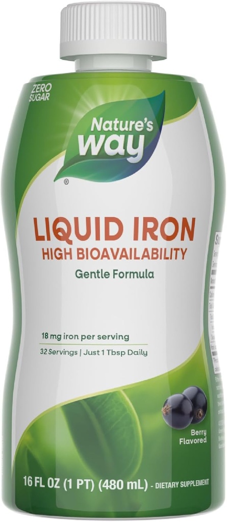 Nature’s Way Liquid Iron Supplement, 18 mg per Serving, Gentle Glycinate Iron, Fast-Absorbing Liquid, Iron for Red Blood Cell Support and Energy Metabolism*, No Sugar Added, Berry Flavored, 16 Fl Oz