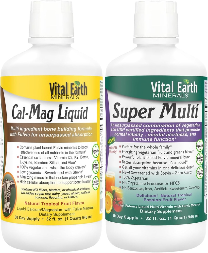 Vital Earth Minerali Kost in Wellness Podpora – Cal Mag Liquid + Super Multi, Tekoči multivitamini, MTHFR Podpora, 32 Oz Ea