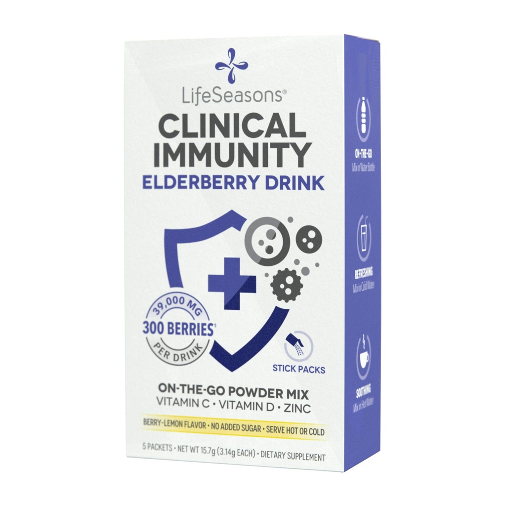 LifeSeasons Clinical Immunity - Elderberry Drink Mix - Protects & Fights for Healthy Immune Response - Immunity Booster - 3X Better Than Vitamin C - Serve Hot or Cold - Vitamin C + D + Zinc - (5 Pack)
