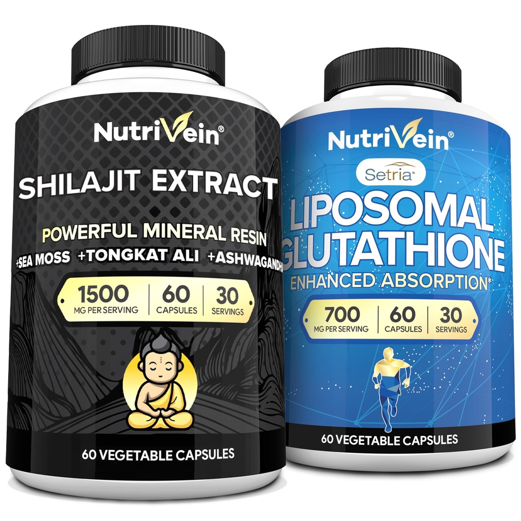 Nutrivein Premium Shilajit Capsules & Liposomal Glutathione Supplement Bundle: High-Absorption Glutathione Liposomal & Shilajit Capsules for Men & Women - Liver, Detox, & Vitality
