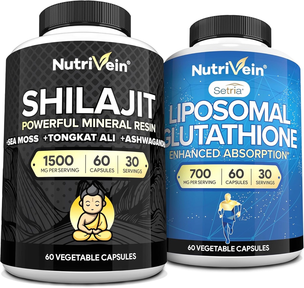 Nutrivein Premium Shilajit Capsules & Supplément de glutathion liposomique: Glutathion à haute absorption Capsules Liposomales & Shilajit pour hommes et femmes - Foie, Detox et Vitalité