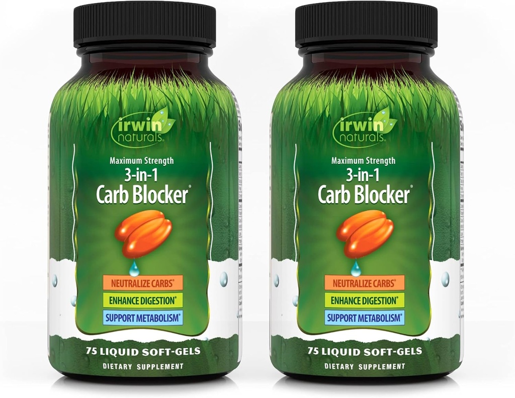Irwin Naturals מקסימום כוח 3in-1 Carb Blocker, Neutralize Carbohydrates ותמיכה Metabolism, 75 נוזל Softgels, 2 Pack