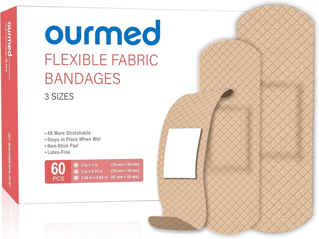 Fleksibilne tkanine Adhesive Bandages,60 Count, Latex Free Prva pomoč Bandage z non-stick Pad za nego ran, cuts, Scrapes, Pretisni omoti, Razvrščene velikosti