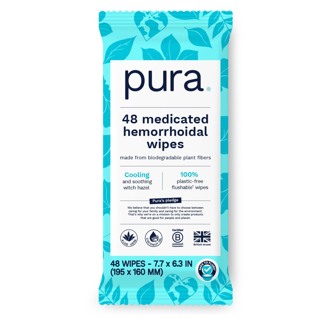 Pura Flushable Hemorrhoid Wipes XL, 48 Count, Medicated with Cooling Witch Hazel, Aloe & Coconut Oil, Fast Relief, Fragrance-Free, 100% Plastic-Free