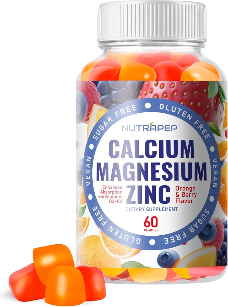 Calcium Magnesium Zinc Suplemento Gummies - con vitamina D3 K2 Magnesium Glycinate - Orange Berry Flavored Vegan Sugar-Free Chewable para Hombre Mujeres Niños