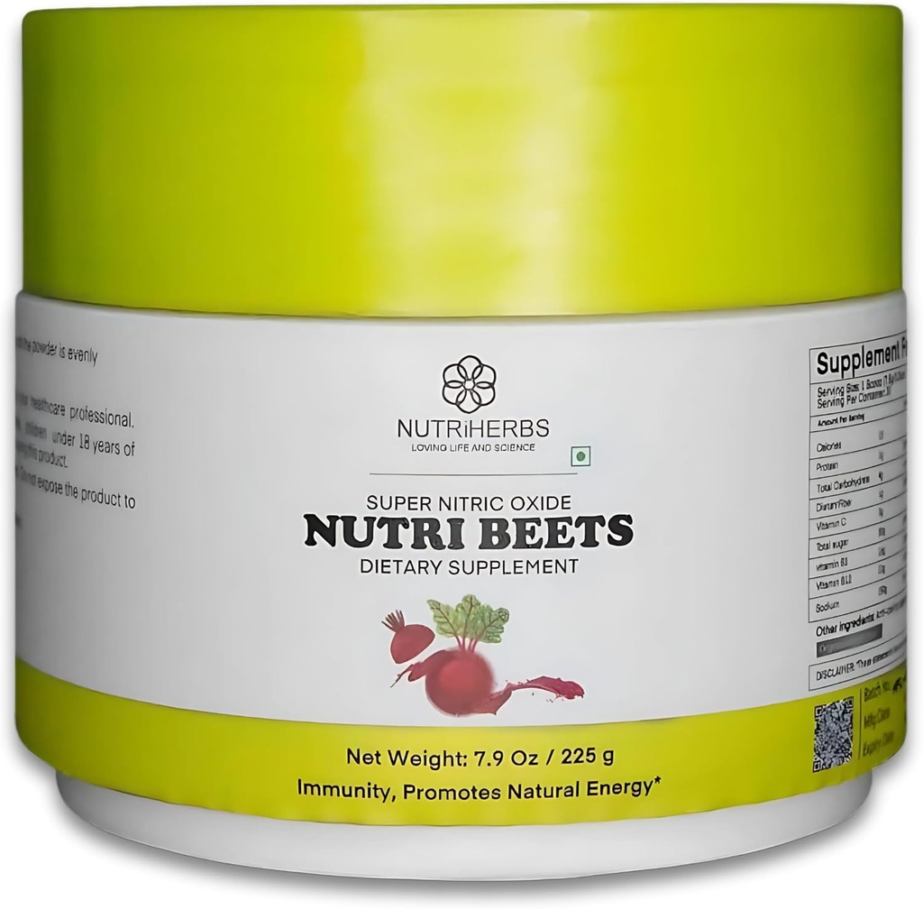 Super Nitric Oxide Nutri Beets - 225g | Порошок корня органической свеклы, гранат и красный шпинат для здоровья сердца, энергии и поддержки артериального давления | Сердечно-сосудистый бустер | 30 сервировки