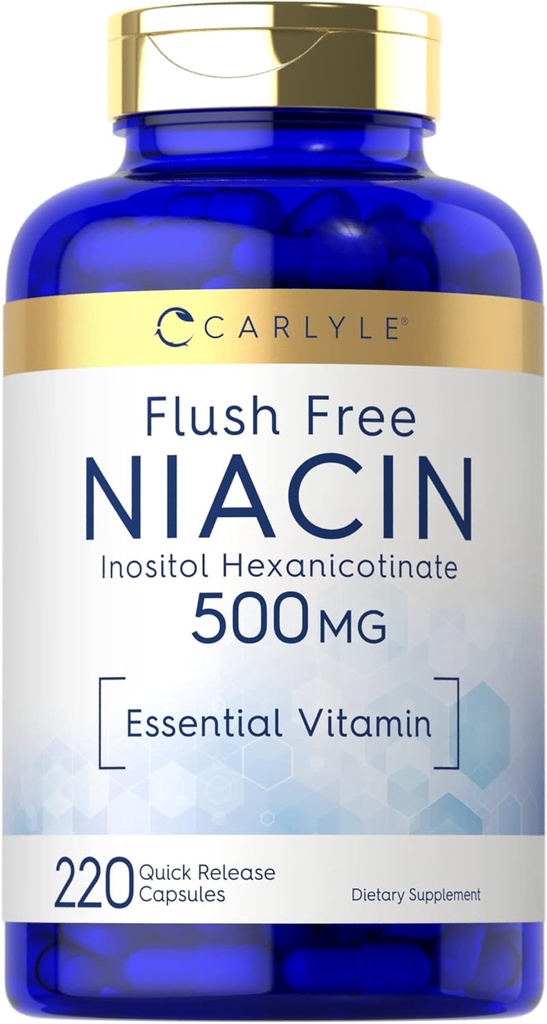 Carlyle Niacin Flush חינם 500 מ"ג | 220 קפסולות | Non-GMO ו- Gluten Glu Essential