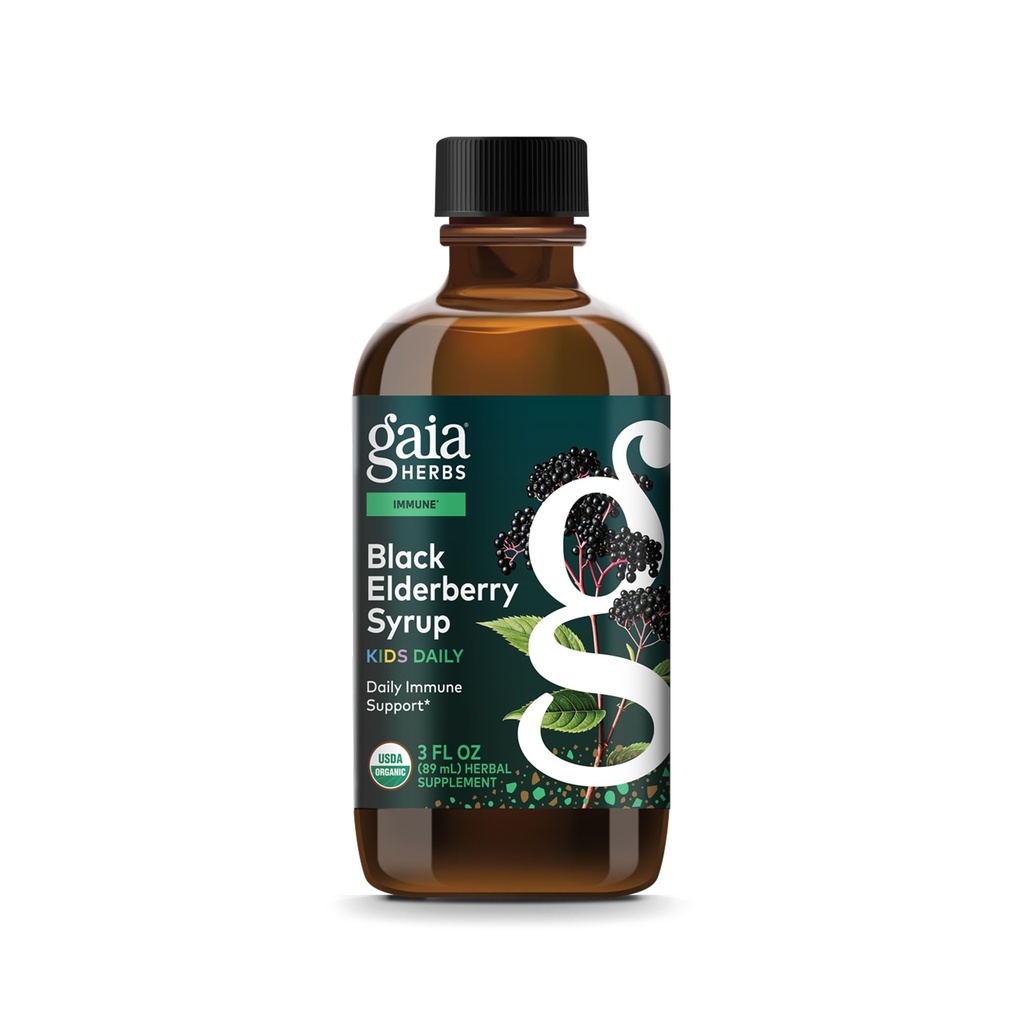Gaia Herbs Black Elderberry Syrup Kids Daily - Delicious Immune Support Supplement for Kids* - Organic Black Elderberries & Honey - USDA Certified Organic Syrup - 3 Fl Oz (About 18 to 26 Servings)